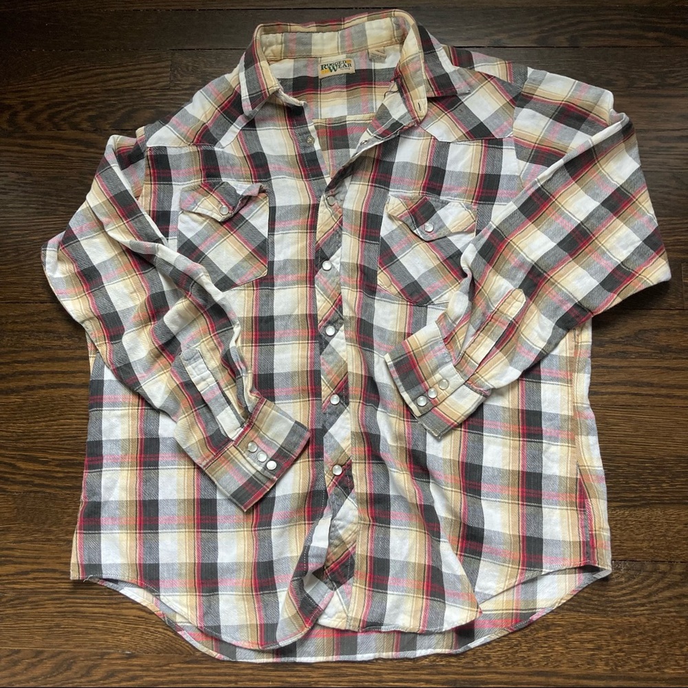 Vintage Rugged Wear by Bog Mens XL Flannel Pearl Snap Shirt Cream Red Black